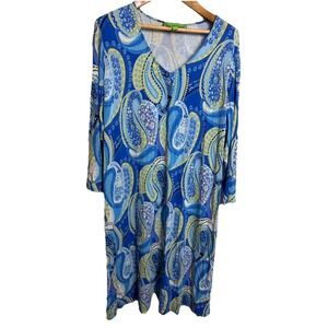Pappagallo Blue Green Printed Long Sleeve Paisley Dress Size 1X